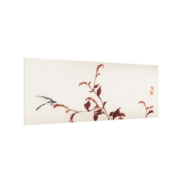 Salpicadero cocina cristal Asian Vintage Drawing Red Branch With Dragonfly
