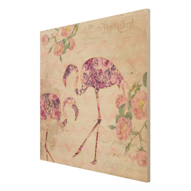 Cuadros vintage madera Vintage Collage - Pink Flowers Flamingos