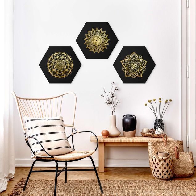 Cuadros mandalas Mandala Flower Sun Illustration Set Black Gold