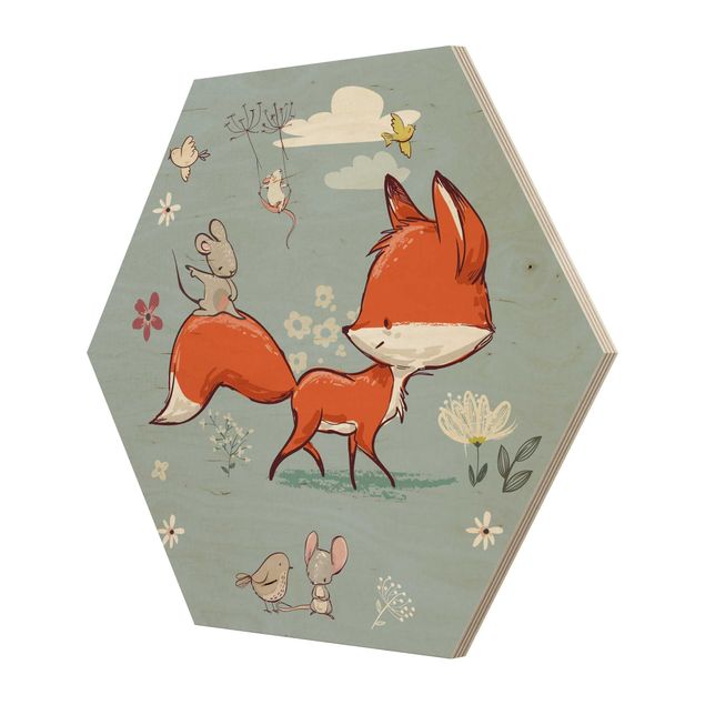 Hexagon Bild Holz - Fuchs und Maus auf Wanderschaft