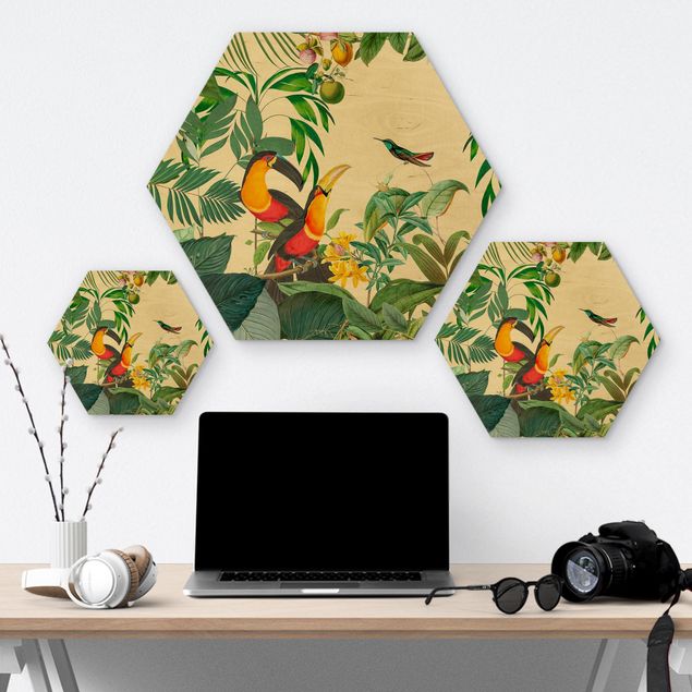 cuadro hexagonal Vintage Collage - Birds In The Jungle