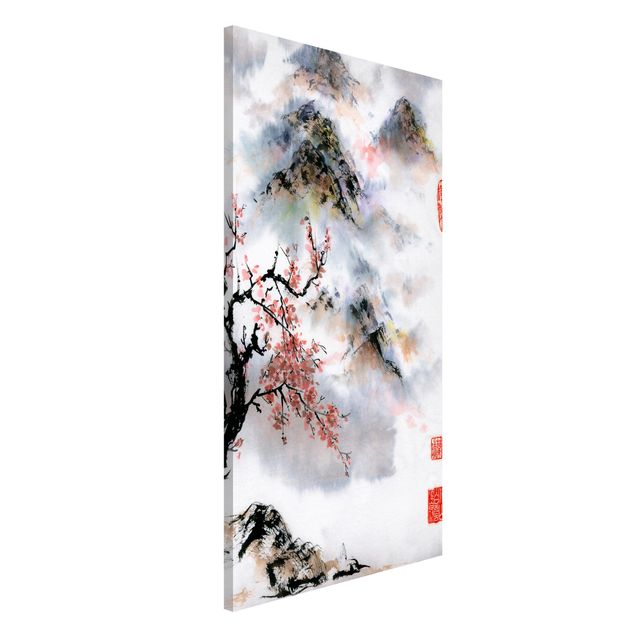 Decoración cocina Japanese Watercolour Drawing Cherry Tree And Mountains