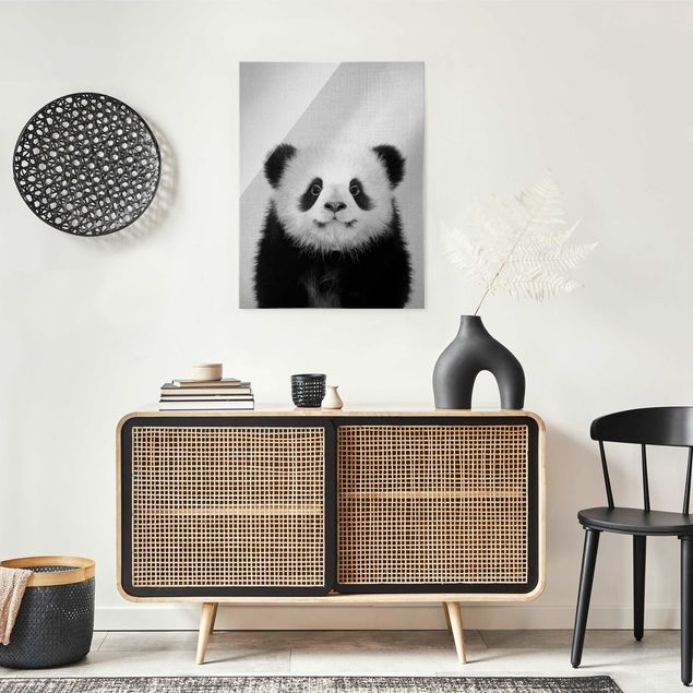 Cuadros de cristal blanco y negro Baby Panda Prian Black And White