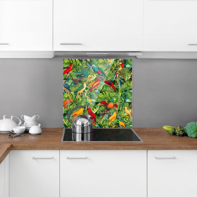 Panel antisalpicaduras cocina flores Colourful Collage - Parrots In The Jungle