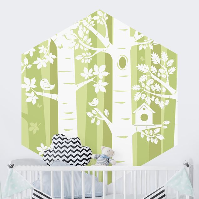 Papel pared liso Trees In The Forest Green