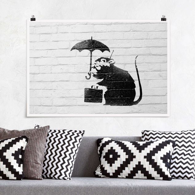 Pósters en blanco y negro Ratte mit Regenschirm - Brandalised ft. Graffiti by Banksy