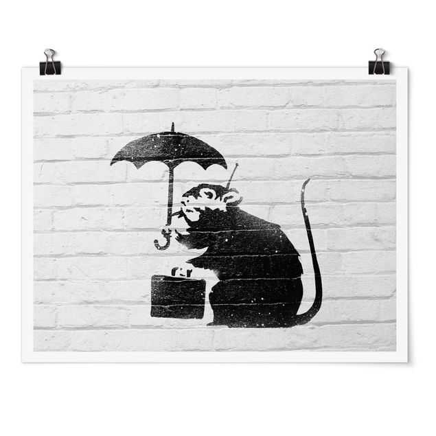Cuadros a blanco y negro Ratte mit Regenschirm - Brandalised ft. Graffiti by Banksy