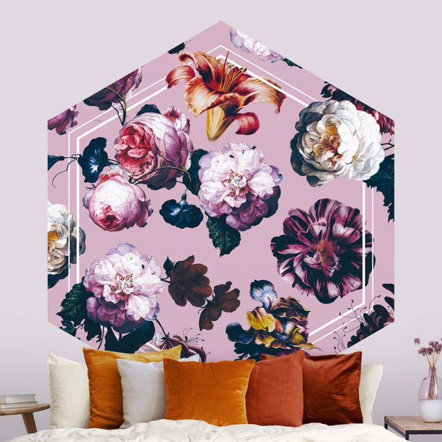 Papel pintado damasco Baroque Flowers With White Geometry In Pink