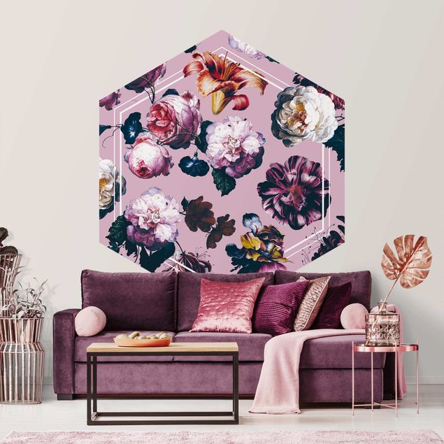 Papel pintado floral Baroque Flowers With White Geometry In Pink