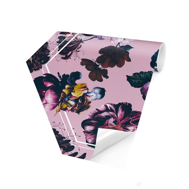 Papel pintado rosa Baroque Flowers With White Geometry In Pink