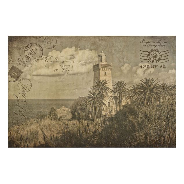 Cuadros de madera paisajes Vintage Postcard With Lighthouse And Palm Trees