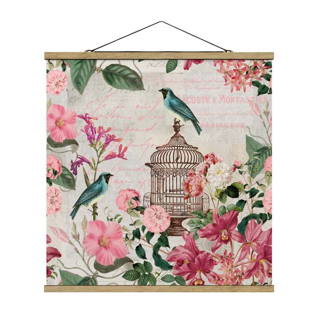 Reproducciónes de cuadros Shabby Chic Collage - Pink Flowers And Blue Birds