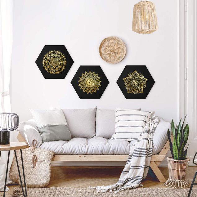 Cuadros de patrones Mandala Flower Sun Illustration Set Black Gold