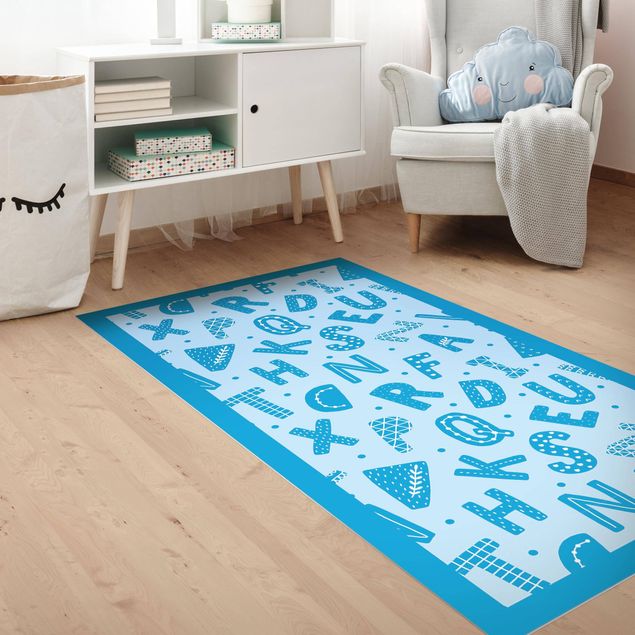 Pasilleros alfombras Alphabet With Hearts And Dots In Blue With Frame