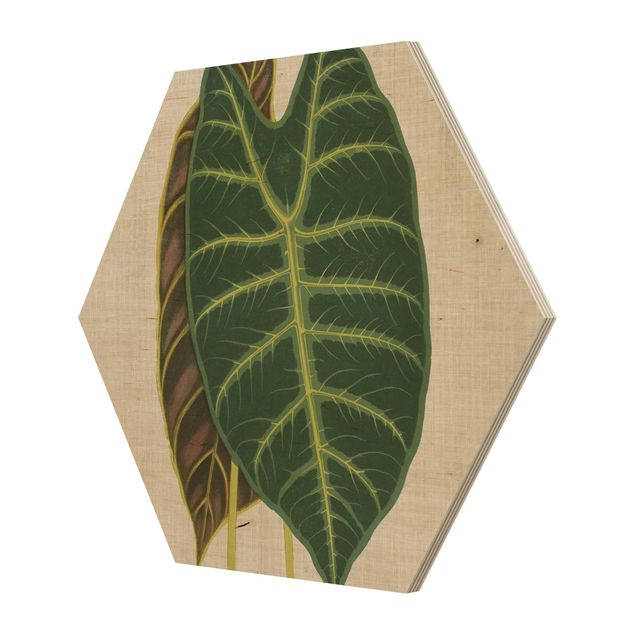 Hexagon Bild Holz - Blätter auf Leinen I