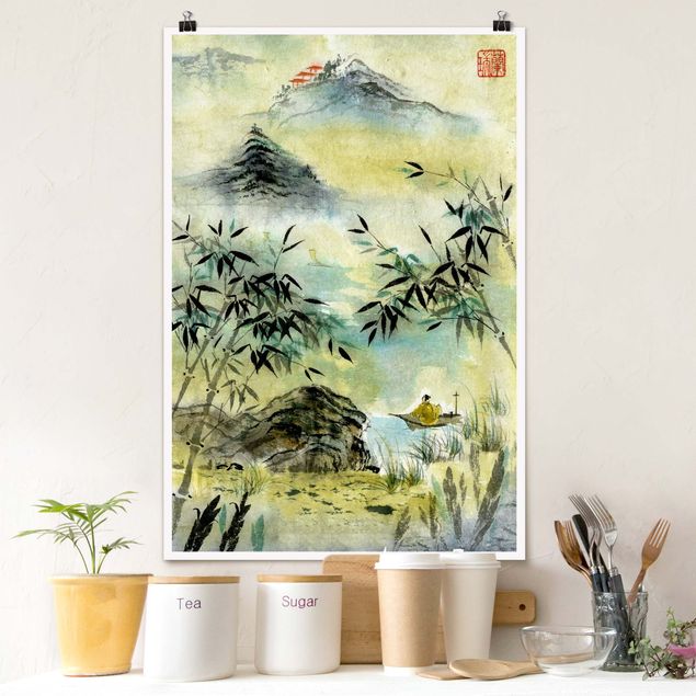 Cuadros asiaticos Japanese Watercolour Drawing Bamboo Forest