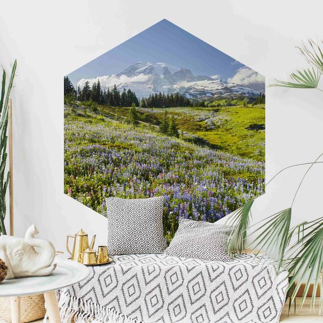 Papel pintado cielo Mountain Meadow With Flowers In Front Of Mt. Rainier