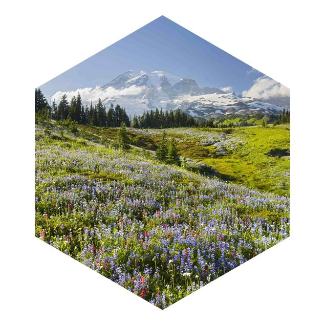 Papel pintado moderno Mountain Meadow With Flowers In Front Of Mt. Rainier