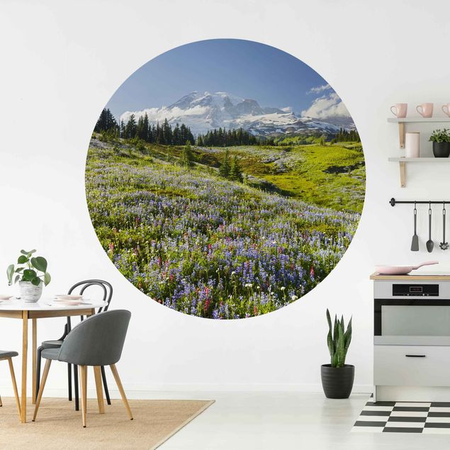 Papel pintado montañas Mountain Meadow With Flowers In Front Of Mt. Rainier