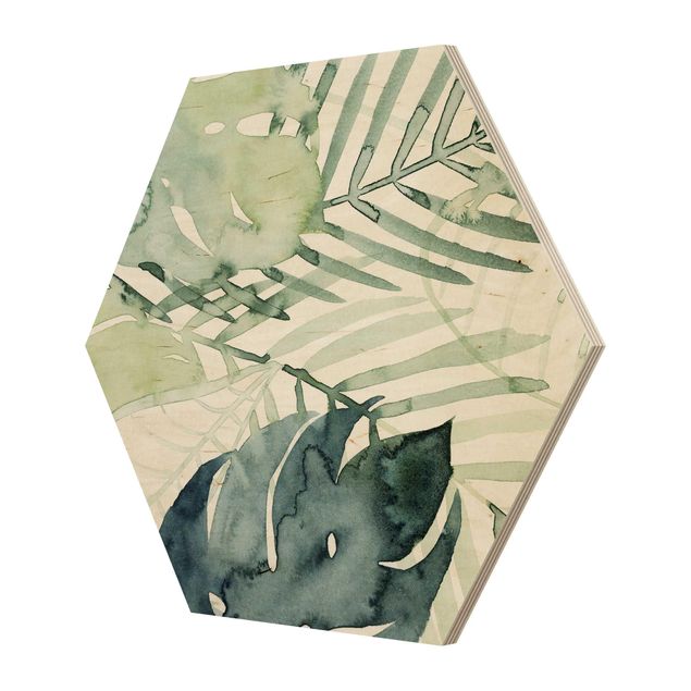Hexagon Bild Holz - Palmwedel in Wasserfarbe I