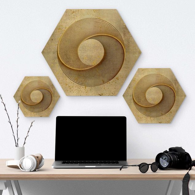 Hexagon Bild Holz - Line Art Kreisspirale Gold