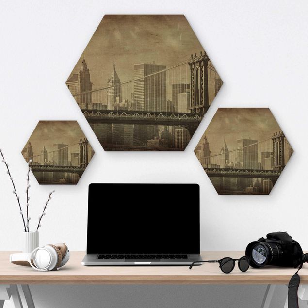 Hexagon Bild Holz - Vintage New York City