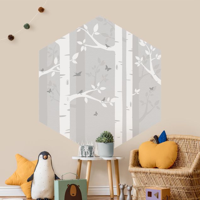 Papel pared liso Birch Forest With Butterflies And Birds