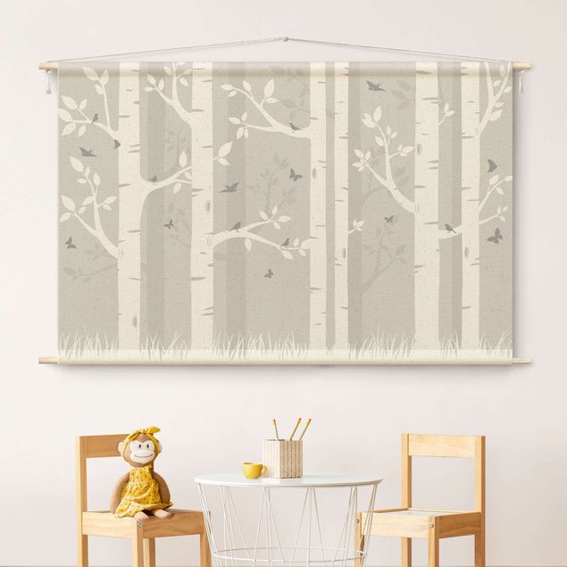 Tapices modernos Birch Forest With Butterflies And Birds