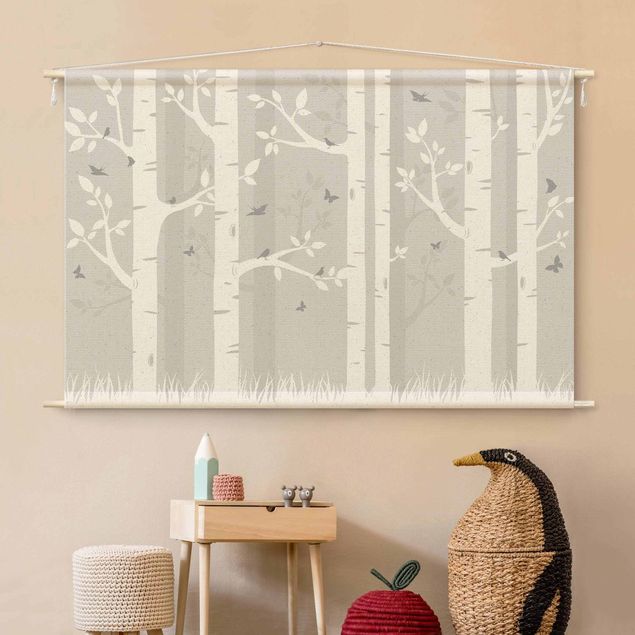 Tapices de bosque Birch Forest With Butterflies And Birds