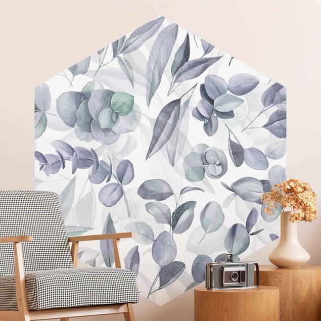 Papel pintado floral Blue Watercolour Eucalyptus Leaves