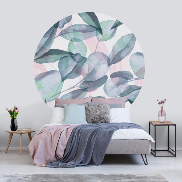 Papel pintado floral Blue And Pink Eucalyptus Leaves Watercolour