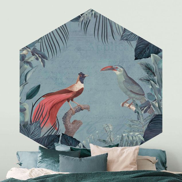 Papel pintado aves Blue Gray Paradise With Tropical Birds