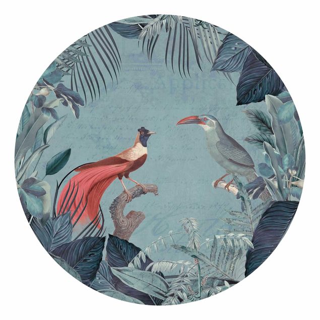 Papel pintado moderno Blue Grey Paradise With Tropical Birds