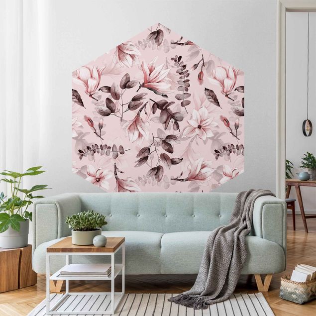 Papel pintado flores Blossoms With Gray Leaves In Front Of Pink