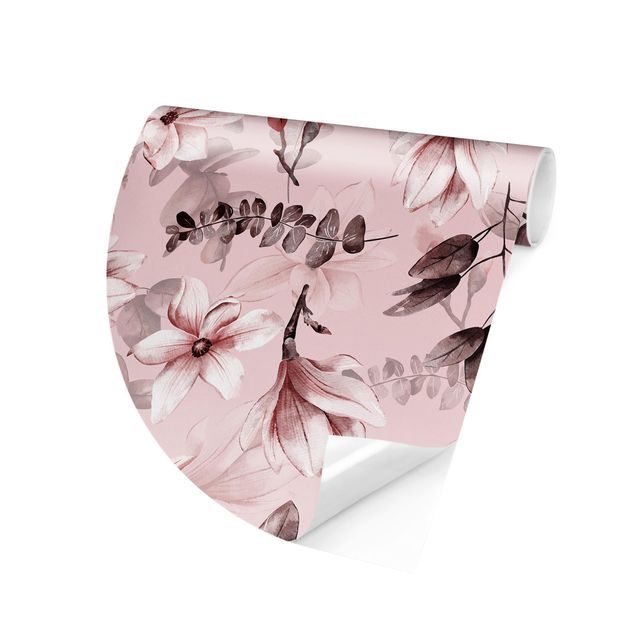 Papel pintado floral Blossoms With Grey Leaves In Front Of Pink