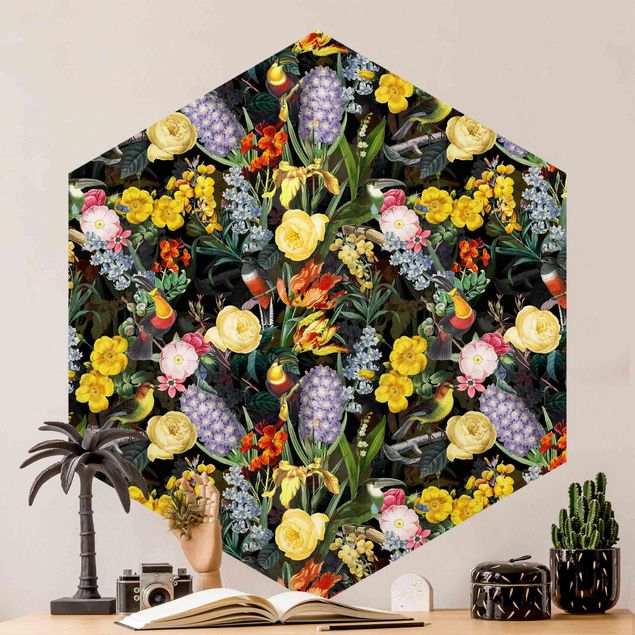 Papel pintado aves Flowers With Colourful Tropical Birds