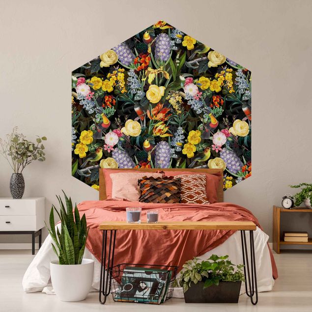 Papel pared flores Flowers With Colourful Tropical Birds