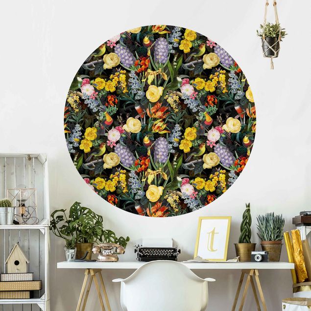 Papel pintado aves Flowers With Colourful Tropical Birds