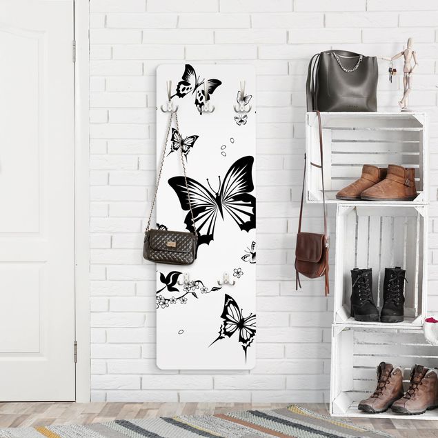 Percheros de pared en blanco y negro Flowers and Butterflies