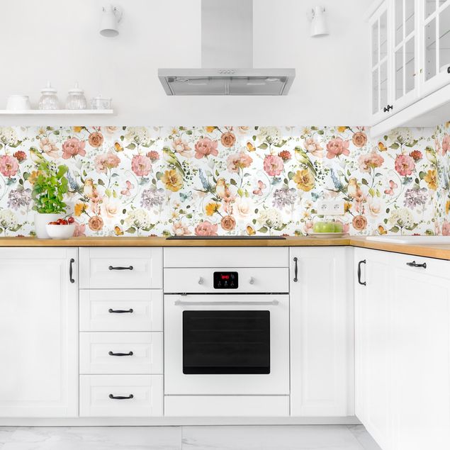 revestimiento pared cocina Flowers and Birds Watercolour Pattern