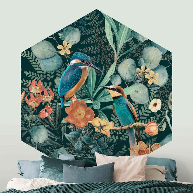 Papel pintado aves Floral Paradise Kingfisher And Hummingbird