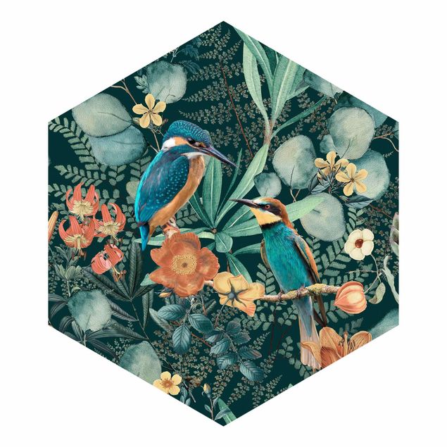 Papel pared verde Floral Paradise Kingfisher And Hummingbird