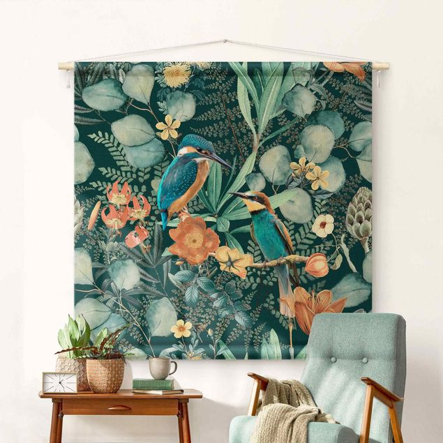 Tapices modernos para pared Floral Paradise Kingfisher And Hummingbird