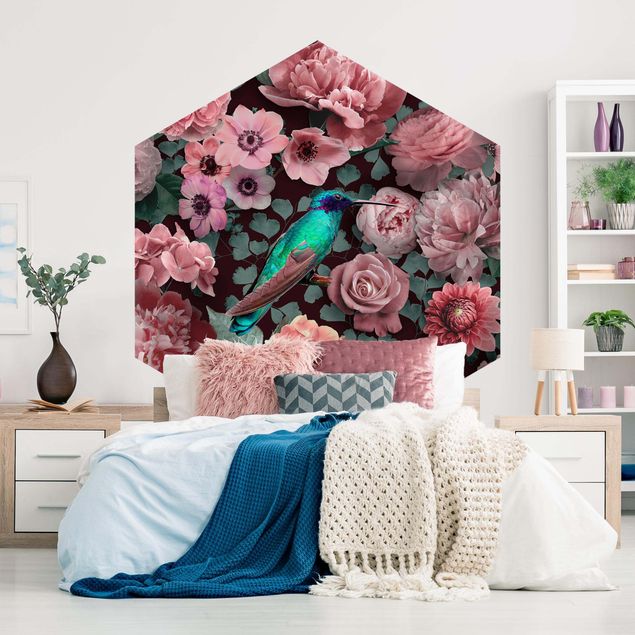 Papel pared flores Floral Paradise Hummingbird With Roses