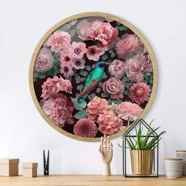 Pósters enmarcados flores Floral Paradise Hummingbird With Roses