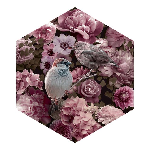 Papel pintado hexagonal Floral Paradise Sparrow In Antique Pink