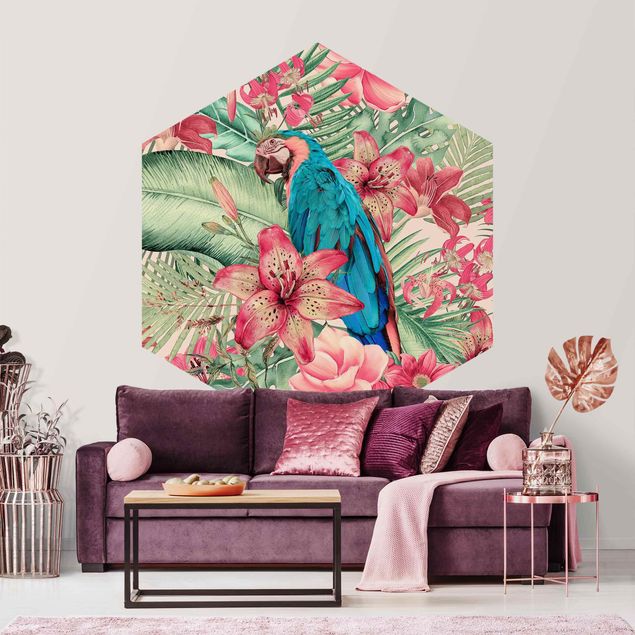 Papel pintado flores Floral Paradise Tropical Parrot
