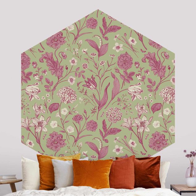 Papel pintado flores Flower Dance In Mint Green And Pink Pastel