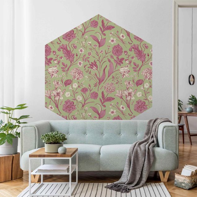 Papel pintado con patrones Flower Dance In Mint Green And Pink Pastel
