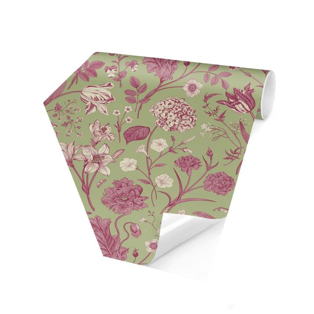 Papel pintado tonos rosas Flower Dance In Mint Green And Pink Pastel